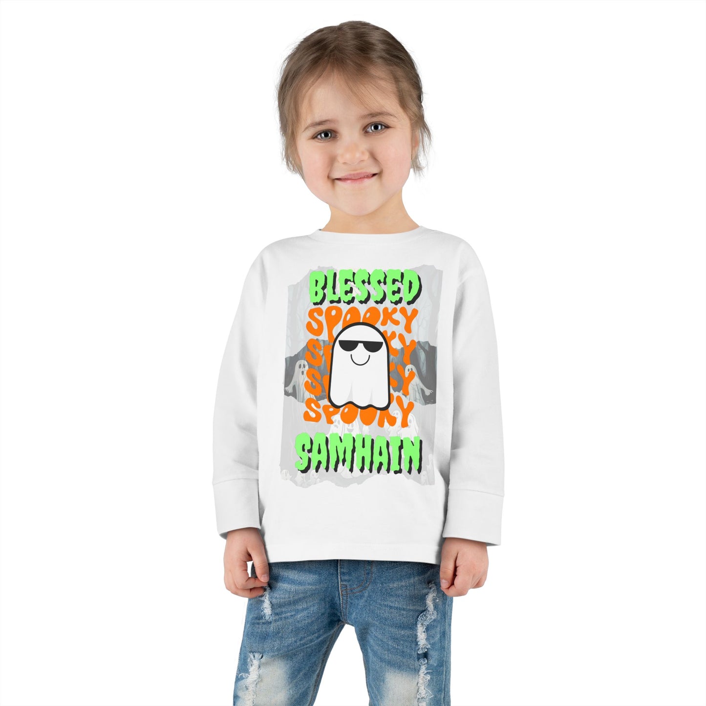 Spooky Blessed Samhain Ghost Green font Toddler Long Sleeve Tee by CreepyCrafts.boo