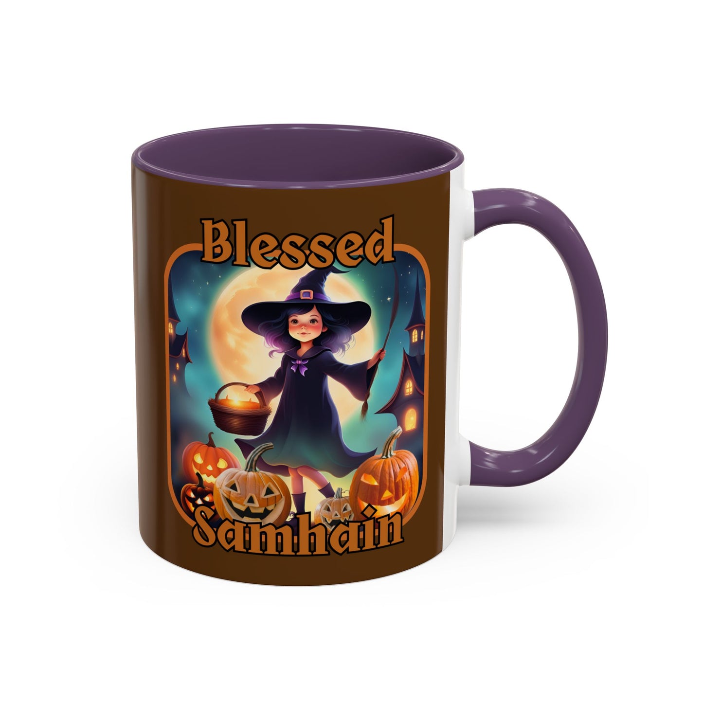 Blessed Samhain Little Witch Orange font Brown Accent Mug by CreepyCrafts.boo