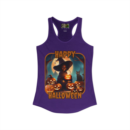 Happy Halloween Cute Witch Orange font Women's Racerback Tank Top by CreepyCrafts.boo