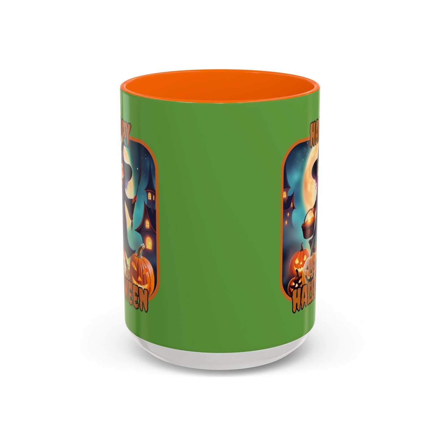Happy Halloween Little Witch Orange font Green Accent Mug by CreepyCrafts.boo
