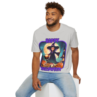 Happy Halloween Little Witch Purple font, Light colors, Unisex T-Shirt by CreepyCrafts.boo