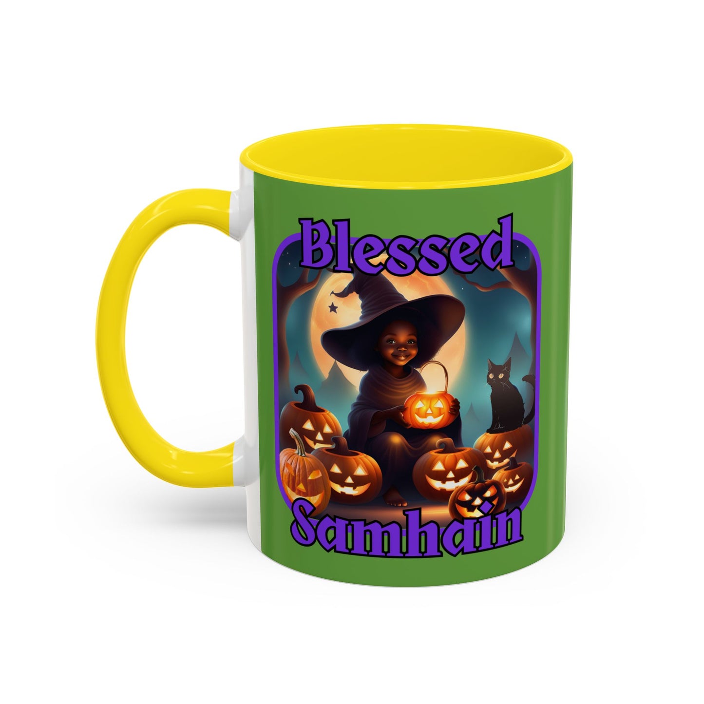 Blessed Samhain Cute Witch Purple font Green Accent Mug by CreepyCrafts.boo