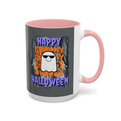 Spooky Happy Halloween Ghost Purple font Grey Accent Mug by CreepyCrafts.boo