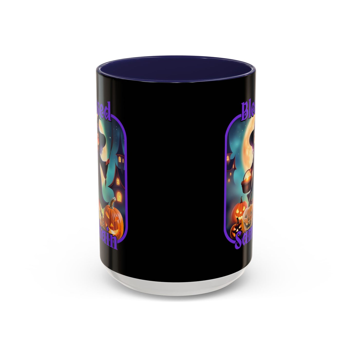 Blessed Samhain Little Witch Purple font Black Accent Mug by CreepyCrafts.boo