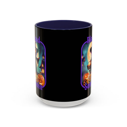 Blessed Samhain Little Witch Purple font Black Accent Mug by CreepyCrafts.boo