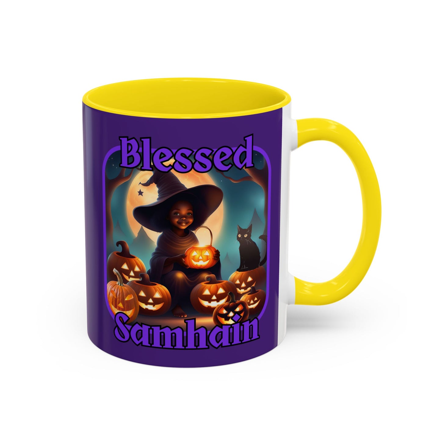 Blessed Samhain Cute Witch Purple font Purple Accent Mug by CreepyCrafts.boo