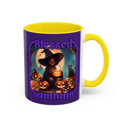 Blessed Samhain Cute Witch Purple font Purple Accent Mug by CreepyCrafts.boo
