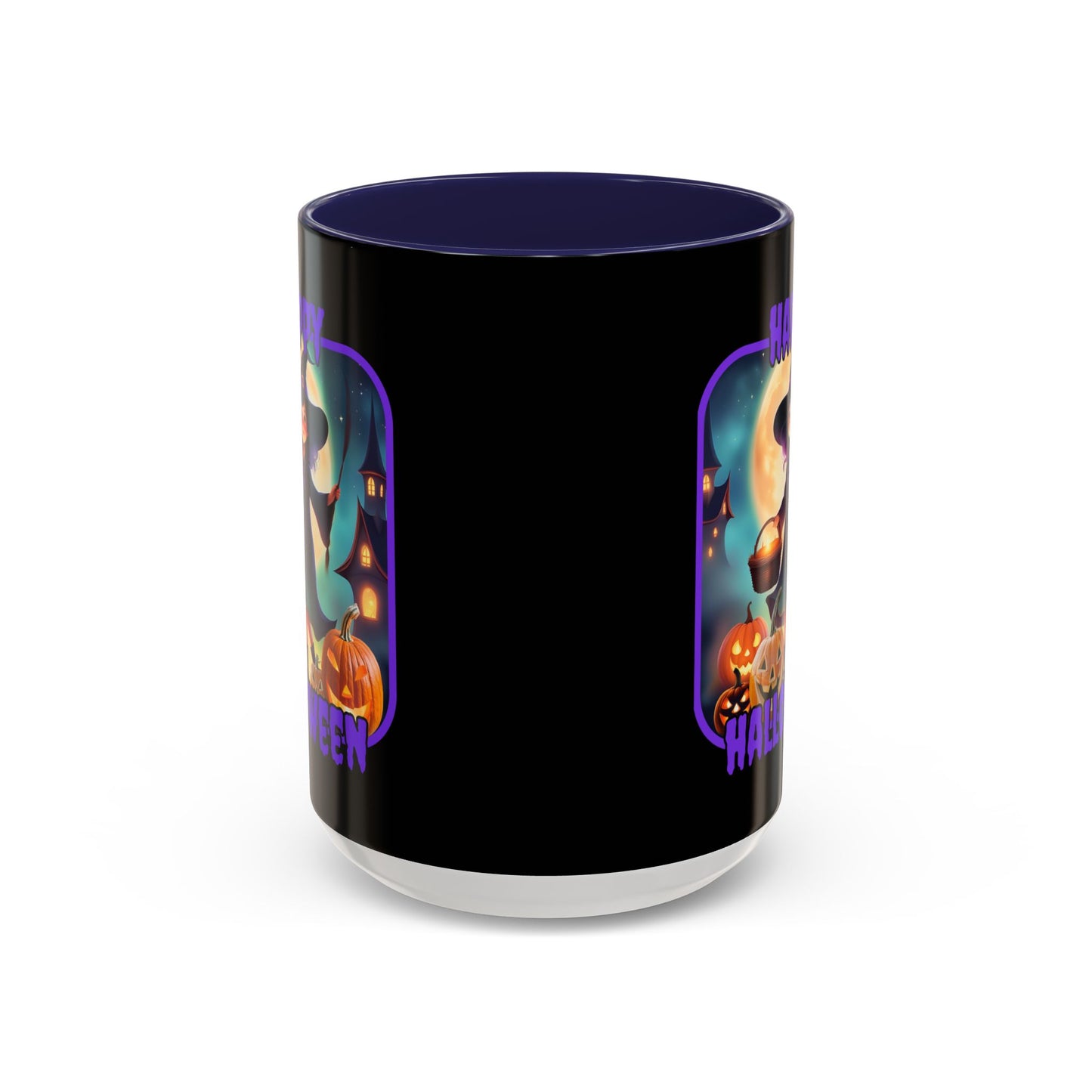 Happy Halloween Little Witch Purple font Black Accent Mug by CreepyCrafts.boo