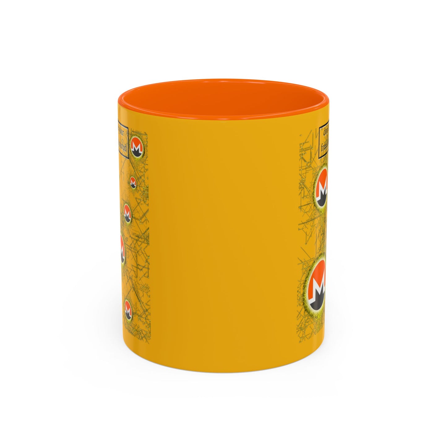 Monero (XMR) don't assume your freedoms are assured Yellow Accent Mug by cypherpunkgear.com