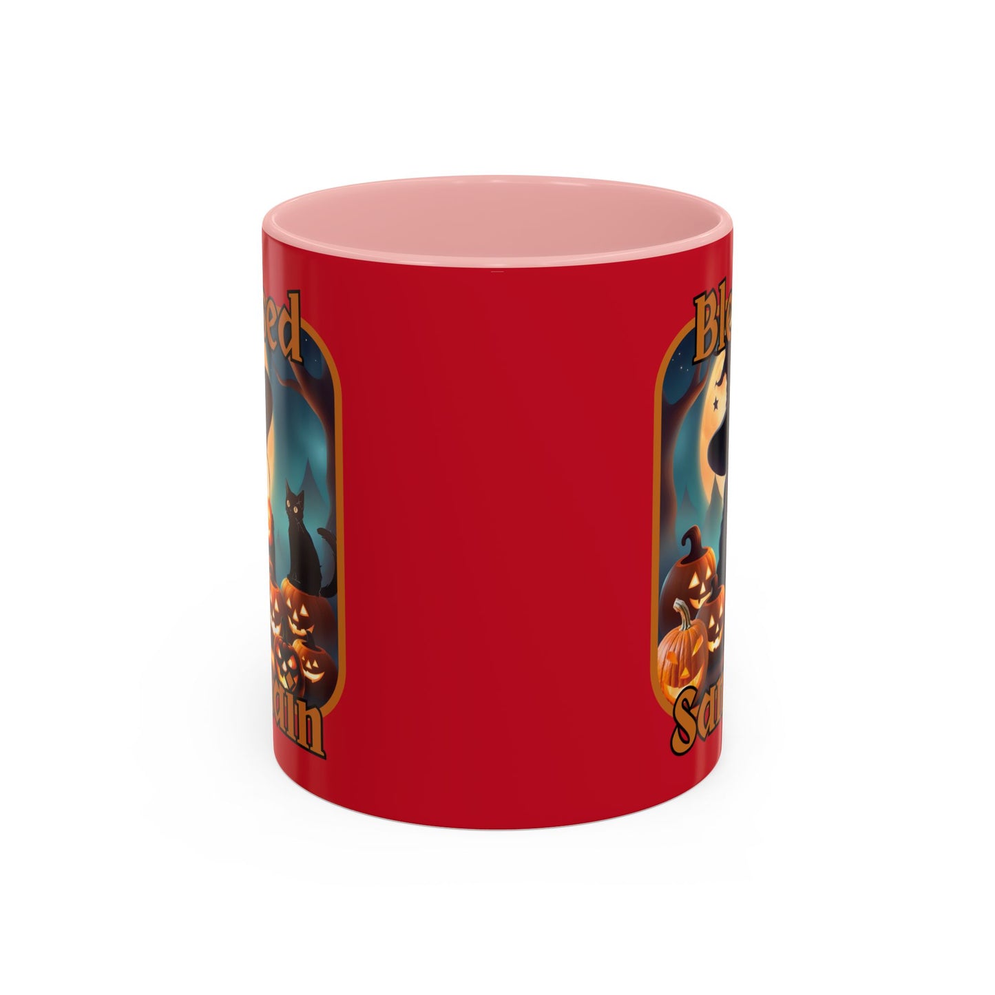 Blessed Samhain Cute Witch Orange font Red Accent Mug by CreepyCrafts.boo