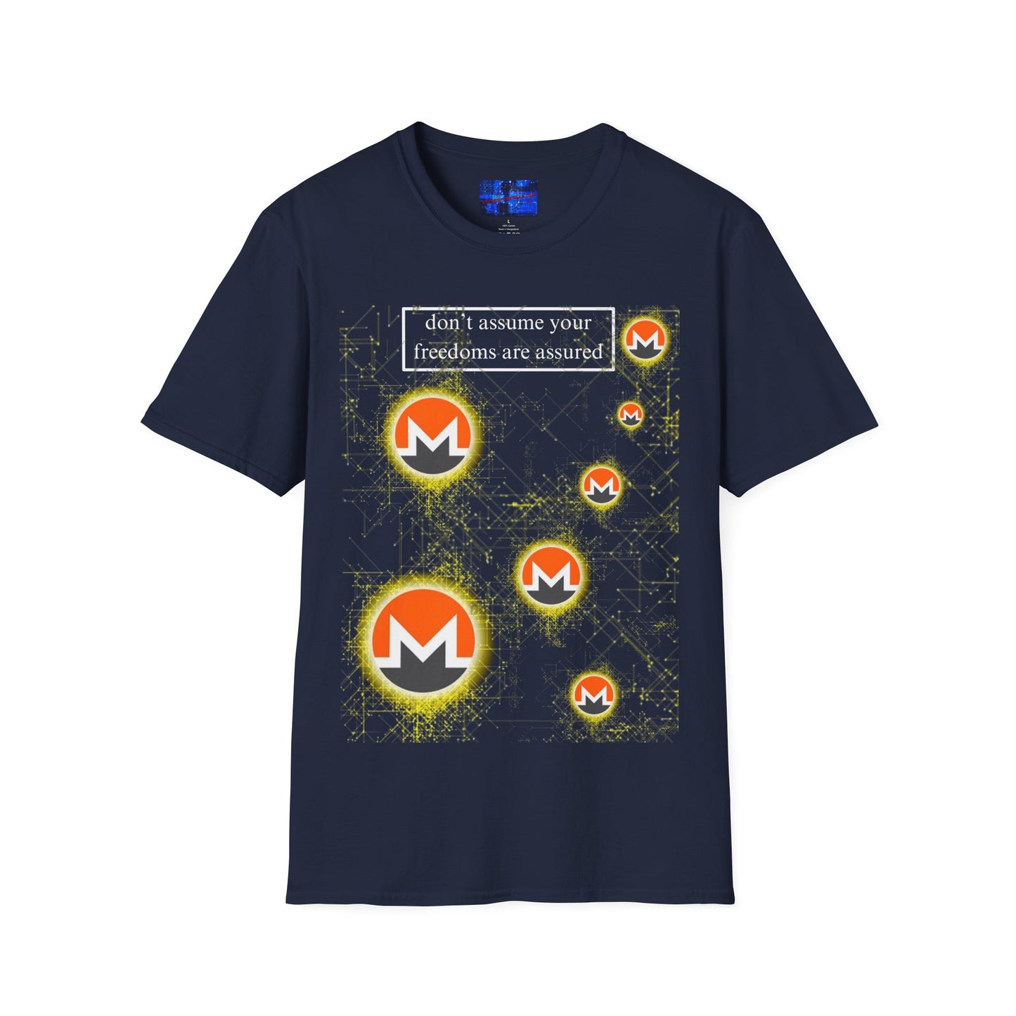 Monero (XMR) don't assume your freedoms are assured Dark colors Unisex T-Shirt by cypherpunkgear.com