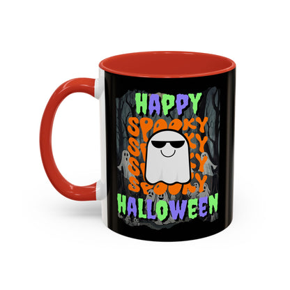 Spooky Happy Halloween Ghost Mixed font Black Accent Mug by CreepyCrafts.boo