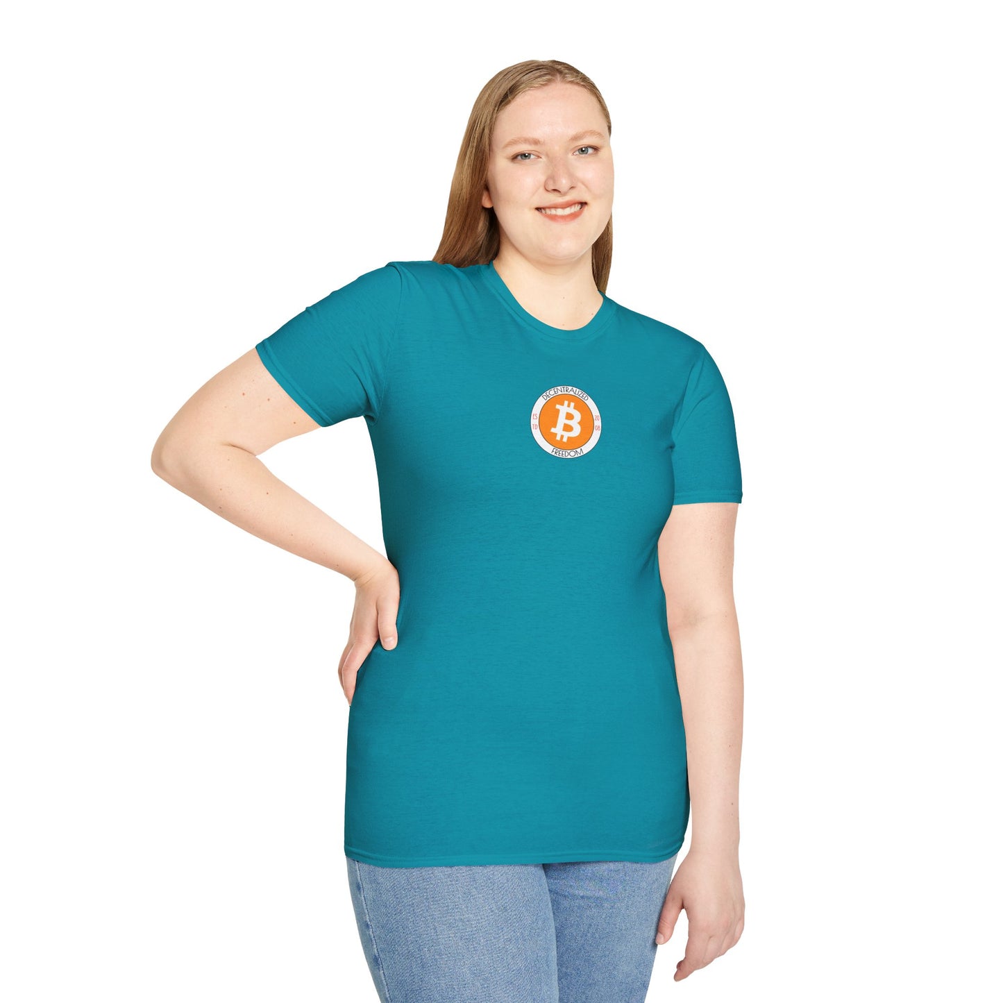 2-sided, Bitcoin (BTC) Decentralized Freedom Dark colors Unisex T-Shirt by cypherpunkgear.com