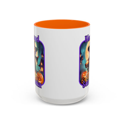 Blessed Samhain Little Witch Purple font White Accent Mug by CreepyCrafts.boo