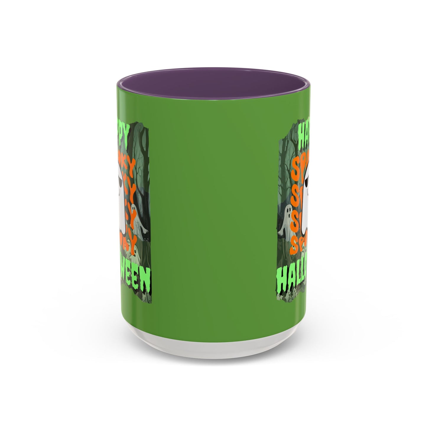 Spooky Happy Halloween Ghost Green font Green Accent Mug by CreepyCrafts.boo