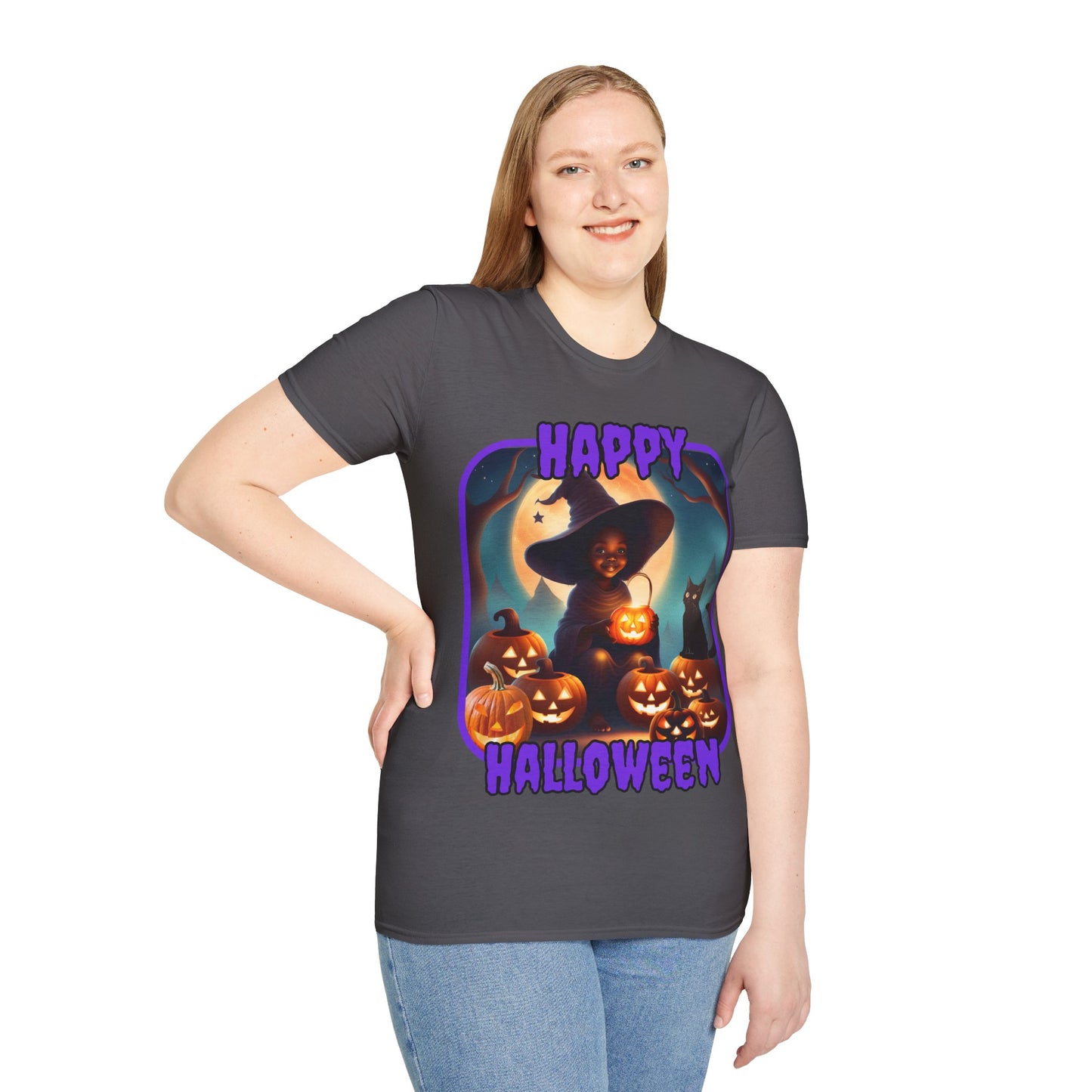 Happy Halloween Cute Witch Purple font Dark colors Unisex T-Shirt by CreepyCrafts.boo