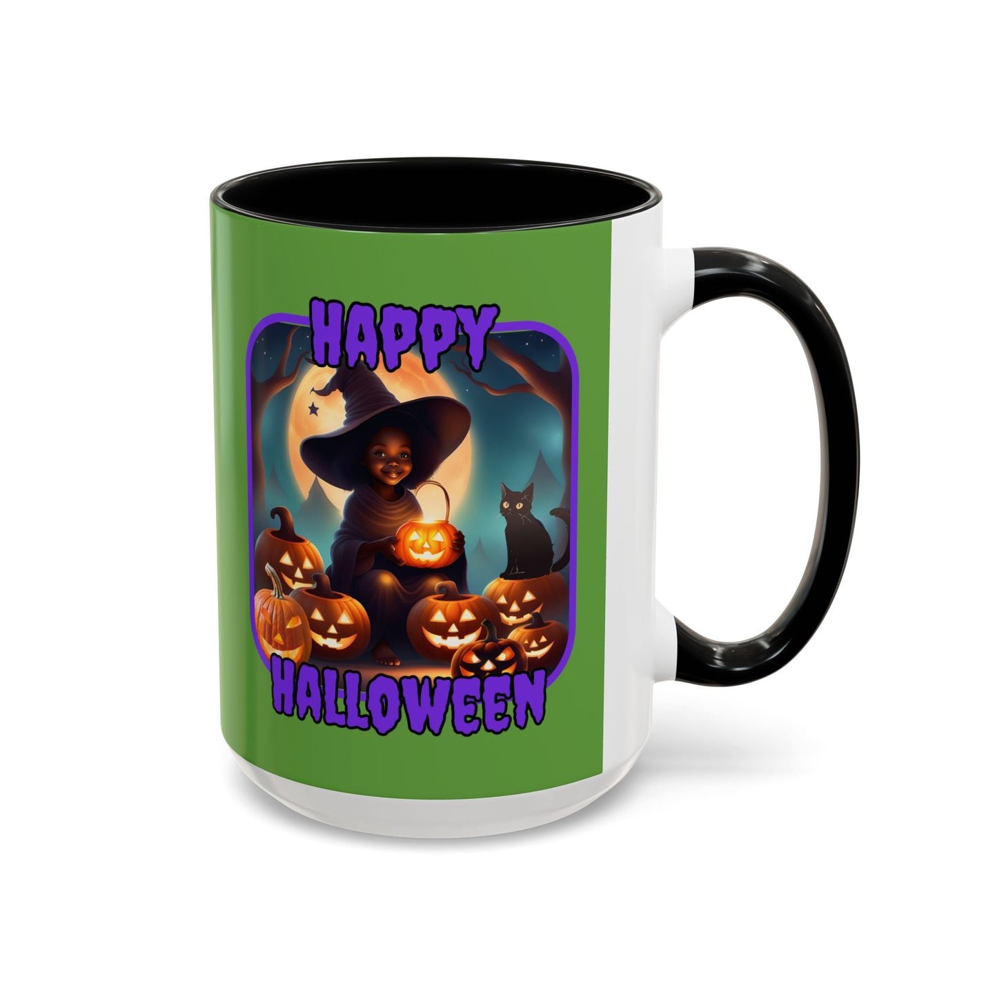 Happy Halloween Cute Witch Purple font Green Accent Mug by CreepyCrafts.boo