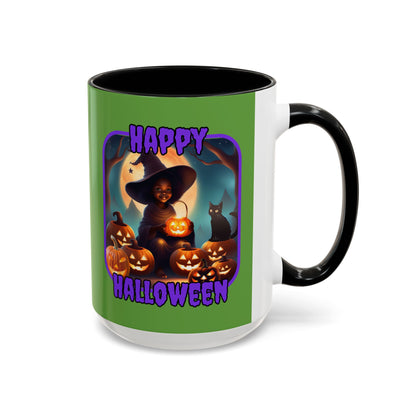 Happy Halloween Cute Witch Purple font Green Accent Mug by CreepyCrafts.boo