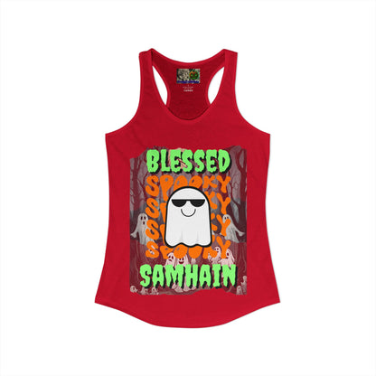 Spooky Blessed Samhain Ghost Green font Women's Racerback Tank Top by CreepyCrafts.boo