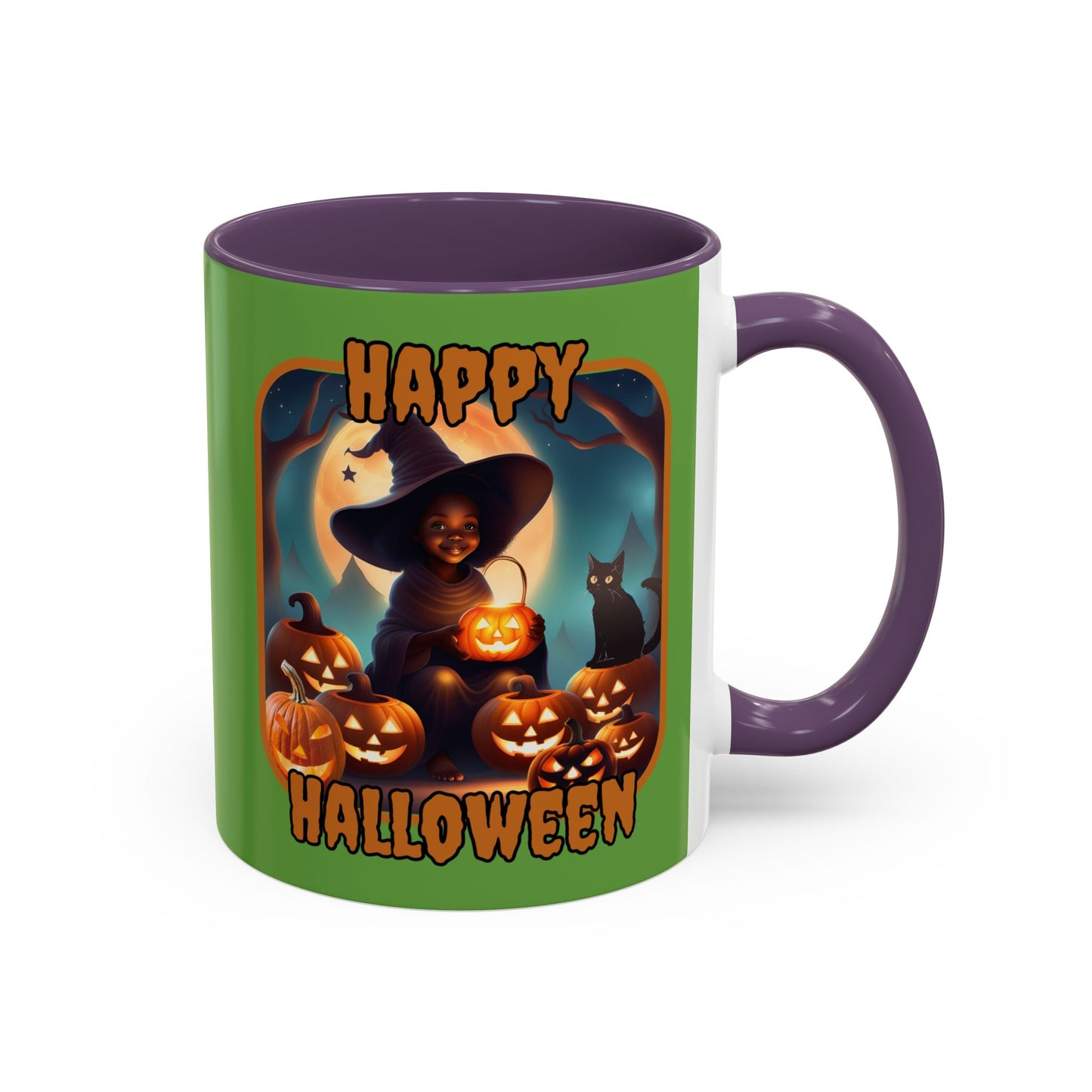 Happy Halloween Cute Witch Orange font Green Accent Mug by CreepyCrafts.boo