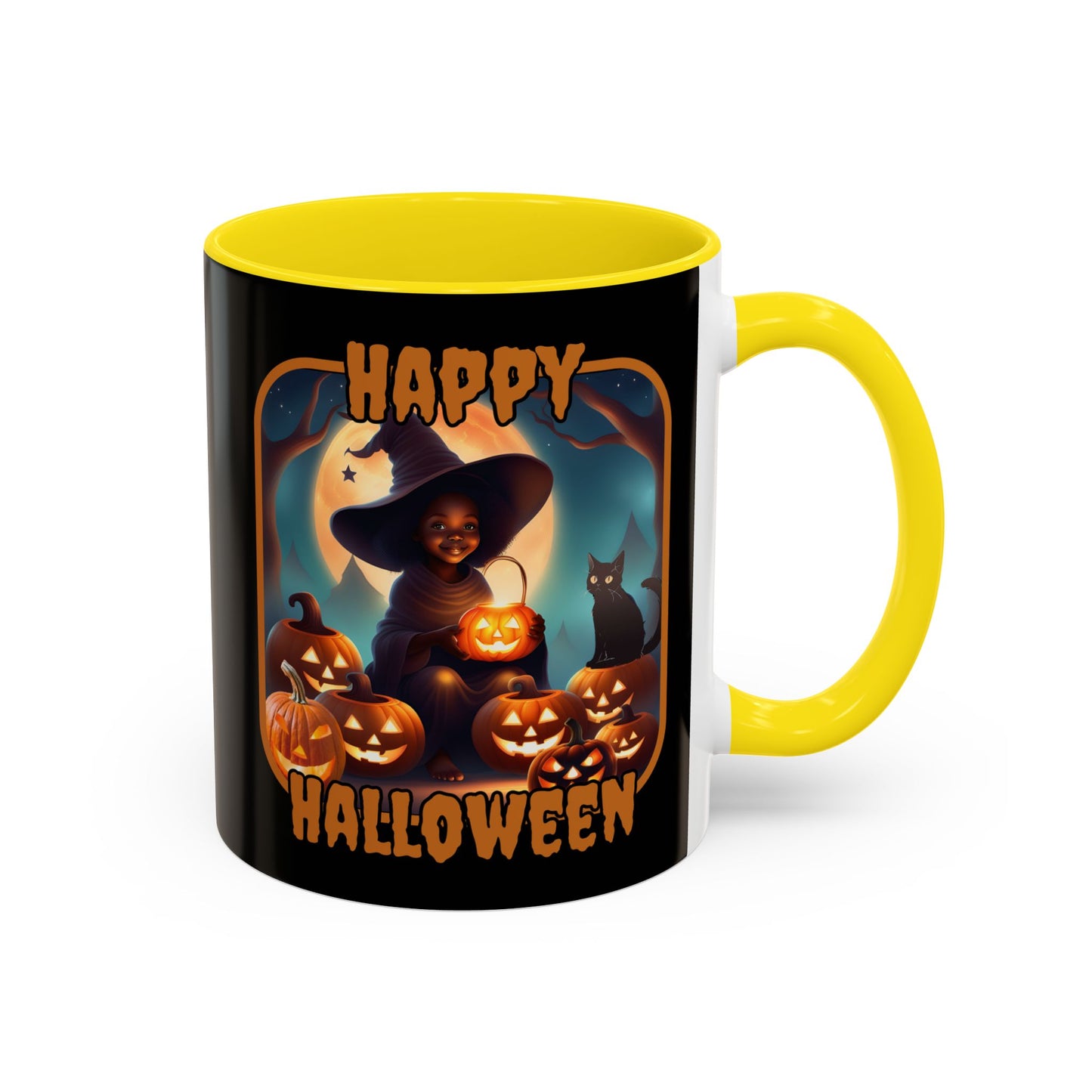 Happy Halloween Cute Witch Orange font Black Accent Mug by CreepyCrafts.boo