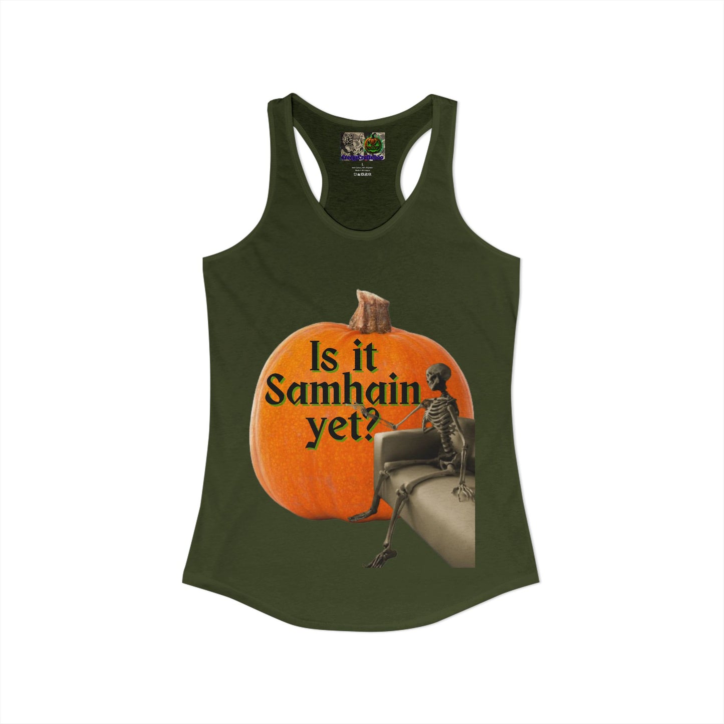 Is It Samhain Yet? Skeleton's Giant Pumpkin Women’s Racerback Tank Top by CreepyCrafts.boo