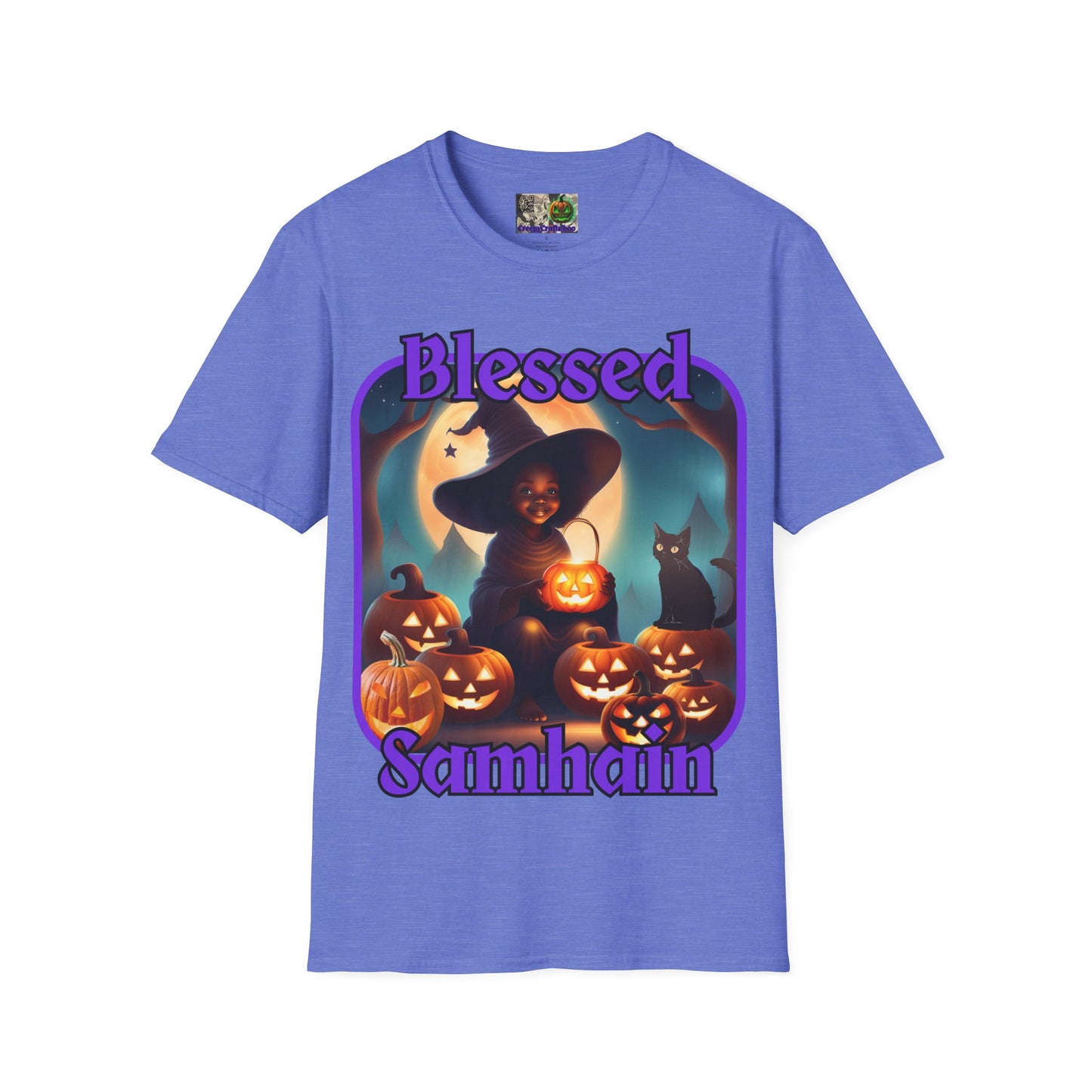 Blessed Samhain Cute Witch Purple font Light colors Unisex T-Shirt by CreepyCrafts.boo