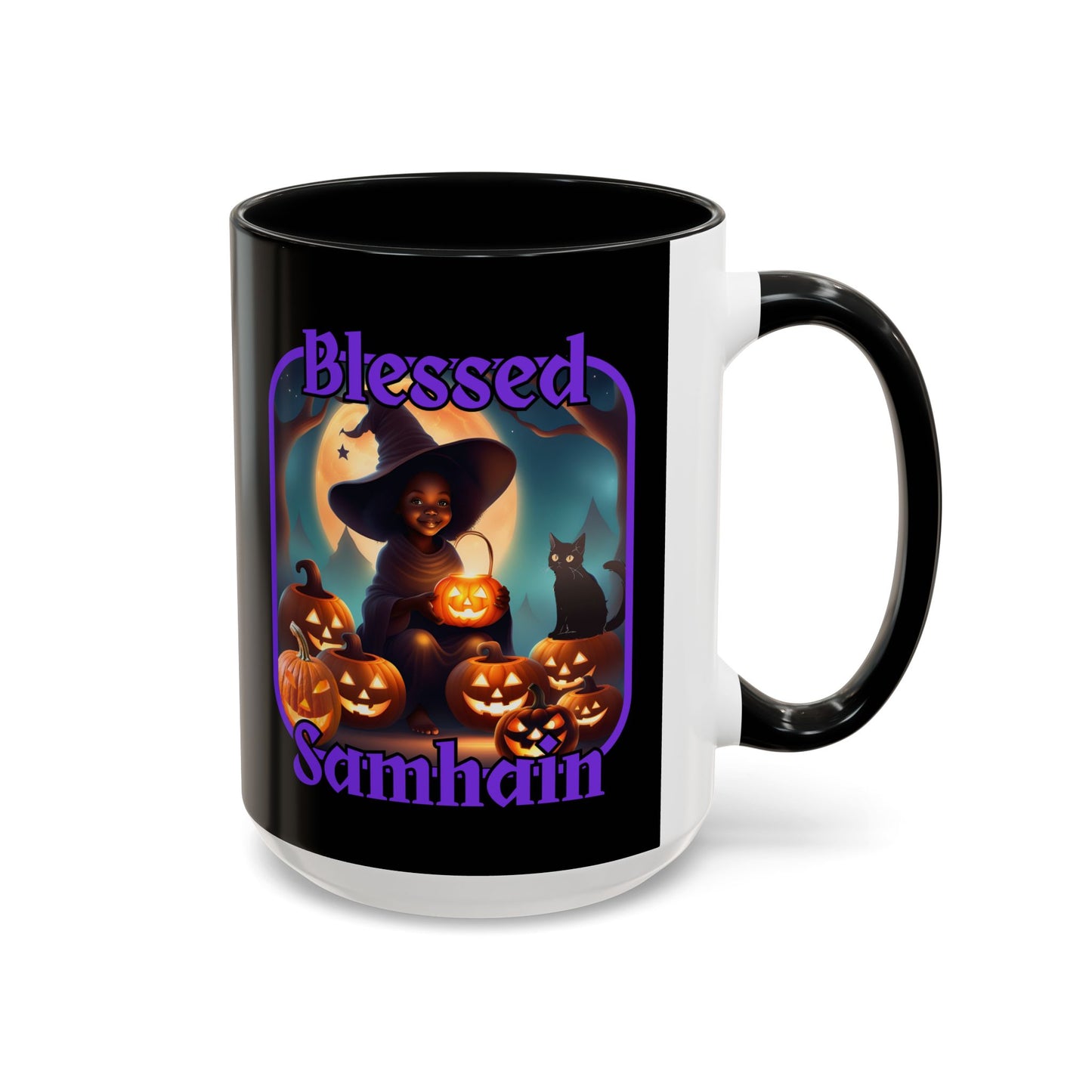 Blessed Samhain Cute Witch Purple font Black Accent Mug by CreepyCrafts.boo