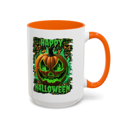 Happy Halloween Green Jack White Accent Mug by CreepyCrafts.boo