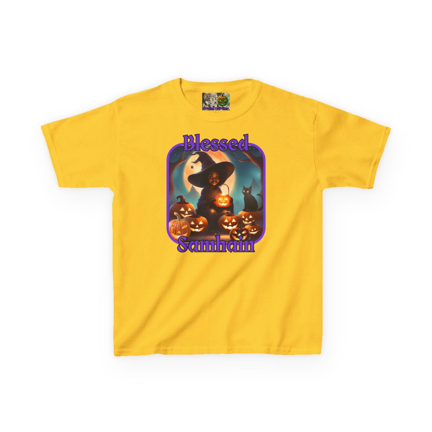 Blessed Samhain Cute Witch Purple font Kids Heavy Cotton™ Tee by CreepyCrafts.boo