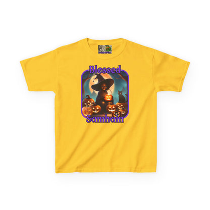 Blessed Samhain Cute Witch Purple font Kids Heavy Cotton™ Tee by CreepyCrafts.boo