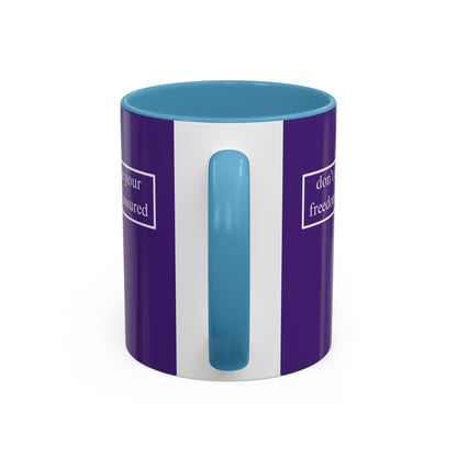 don't assume your freedoms are assured, White font, Dark Purple Accent Mug by cypherpunkgear.com