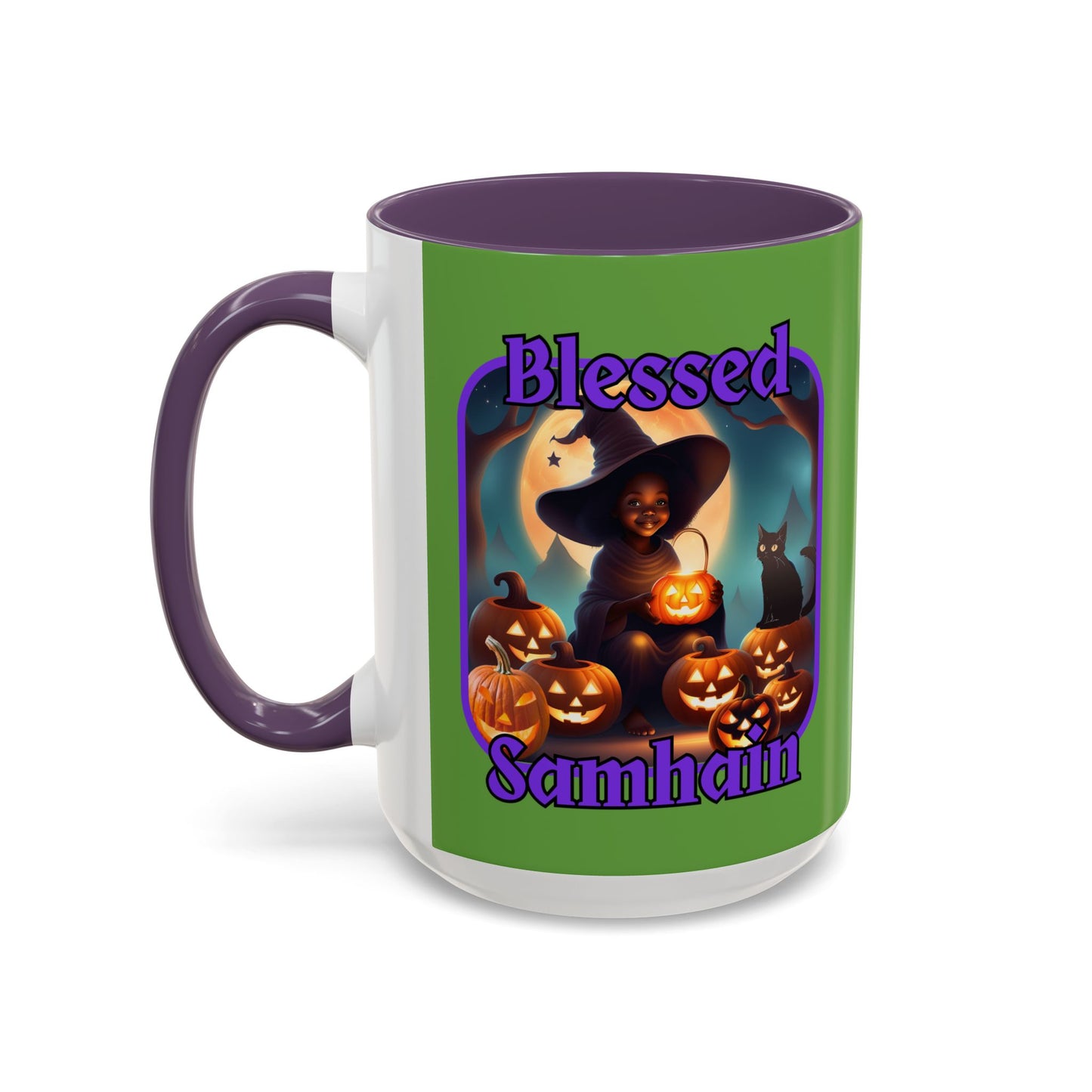 Blessed Samhain Cute Witch Purple font Green Accent Mug by CreepyCrafts.boo