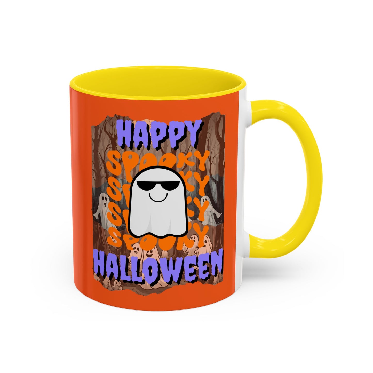 Spooky Happy Halloween Ghost Purple font Orange Accent Mug by CreepyCrafts.boo