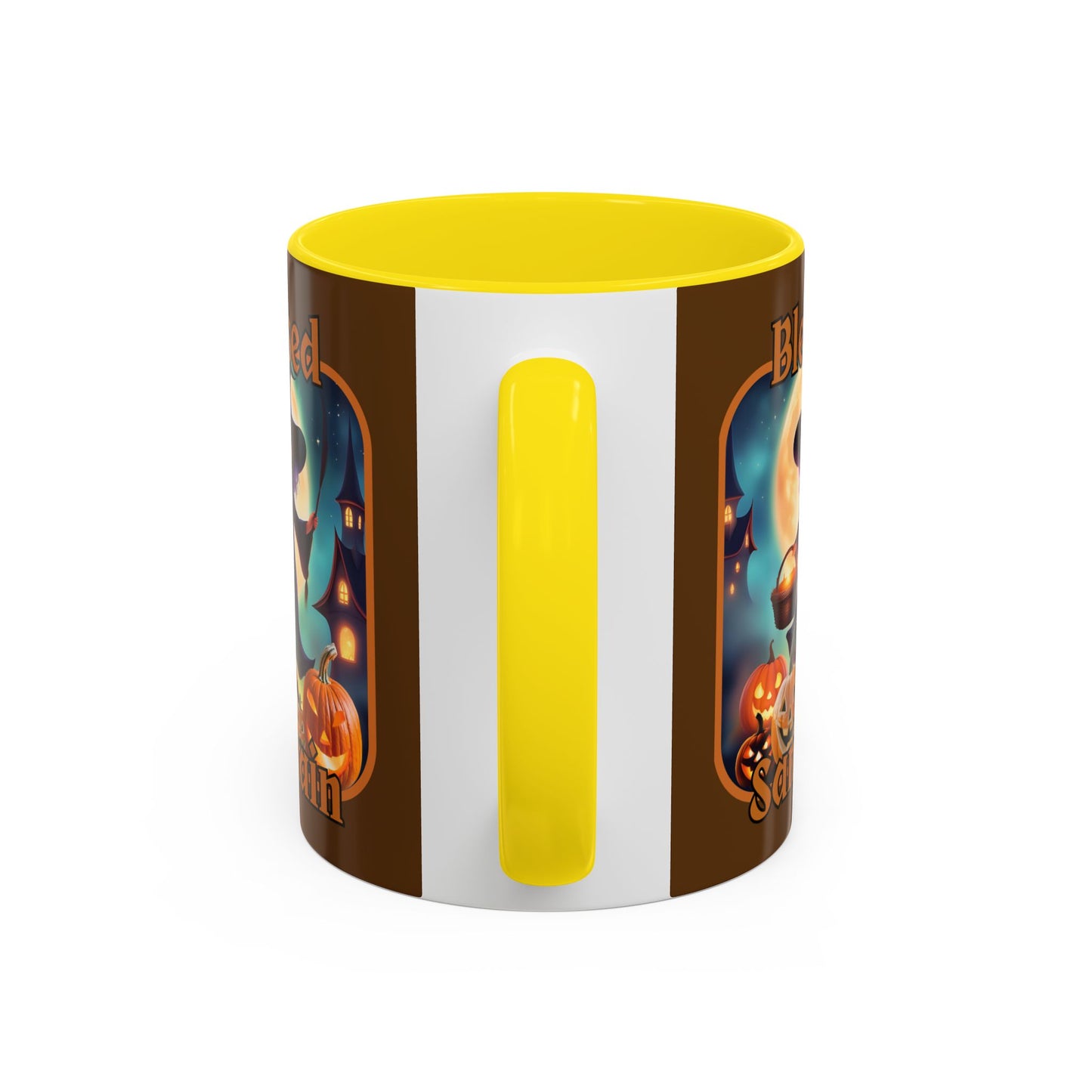 Blessed Samhain Little Witch Orange font Brown Accent Mug by CreepyCrafts.boo