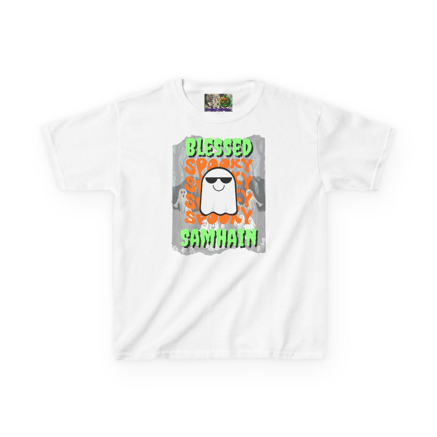 Spooky Blessed Samhain Ghost Green font Kids Heavy Cotton™ Tee by CreepyCrafts.boo