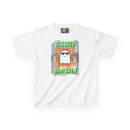 Spooky Blessed Samhain Ghost Green font Kids Heavy Cotton™ Tee by CreepyCrafts.boo