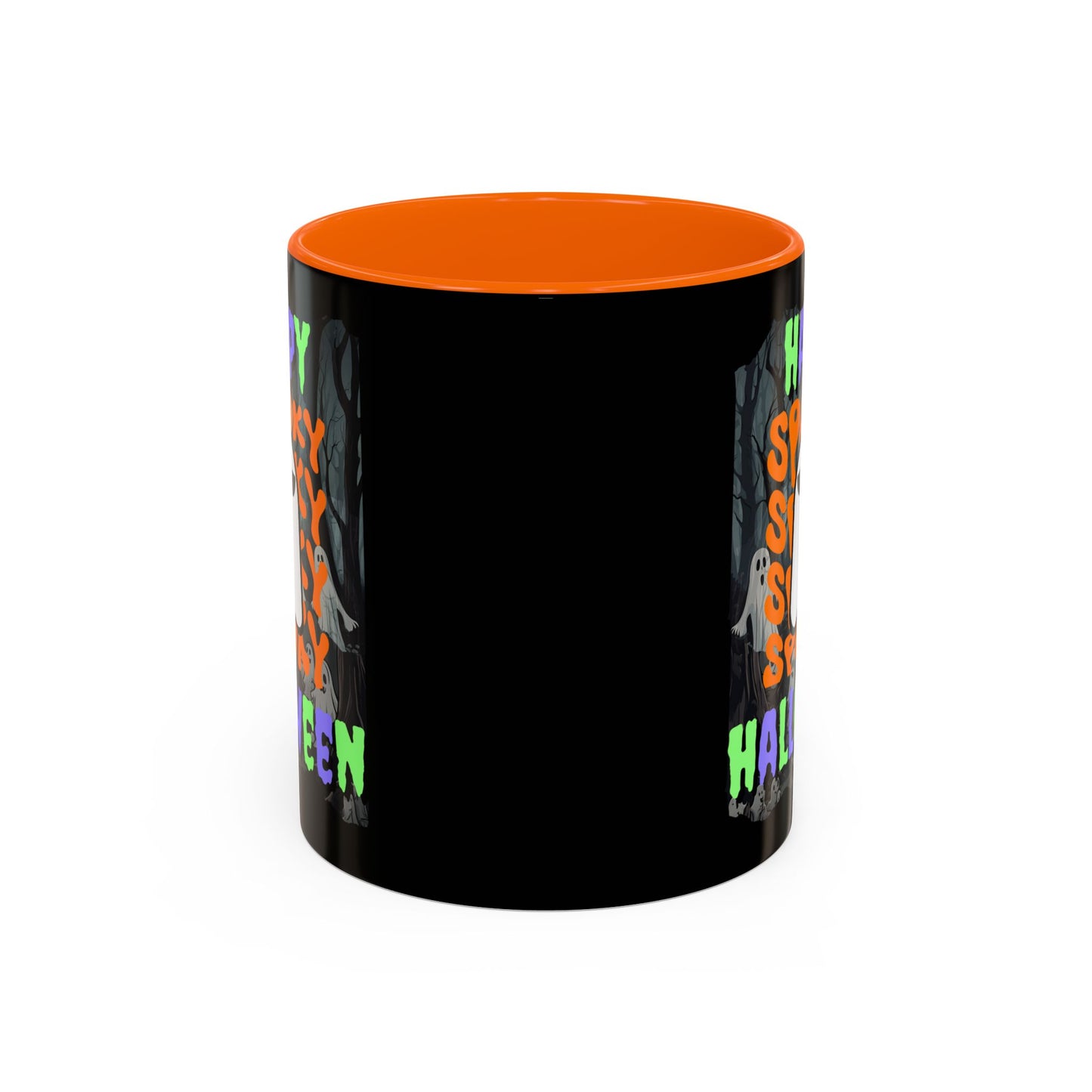 Spooky Happy Halloween Ghost Mixed font Black Accent Mug by CreepyCrafts.boo