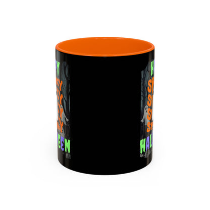 Spooky Happy Halloween Ghost Mixed font Black Accent Mug by CreepyCrafts.boo