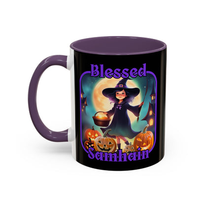 Blessed Samhain Little Witch Purple font Black Accent Mug by CreepyCrafts.boo