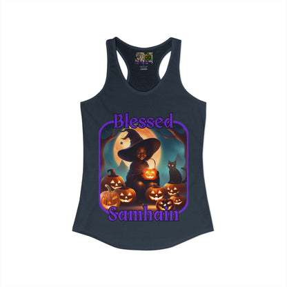 Blessed Samhain Cute Witch Purple font Women's Racerback Tank Top by CreepyCrafts.boo