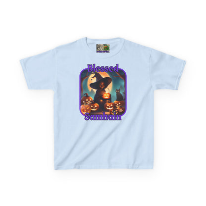 Blessed Samhain Cute Witch Purple font Kids Heavy Cotton™ Tee by CreepyCrafts.boo