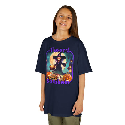Blessed Samhain Little Witch Purple font Kids Heavy Cotton™ Tee by CreepyCrafts.boo