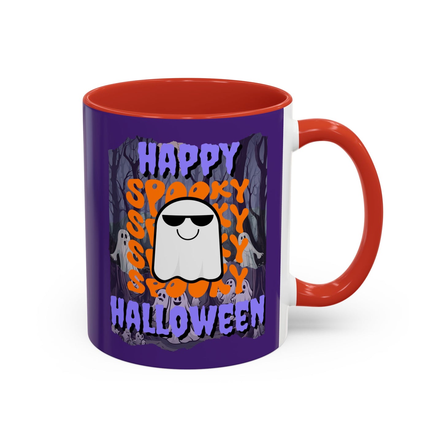 Spooky Happy Halloween Ghost Purple font Purple Accent Mug by CreepyCrafts.boo