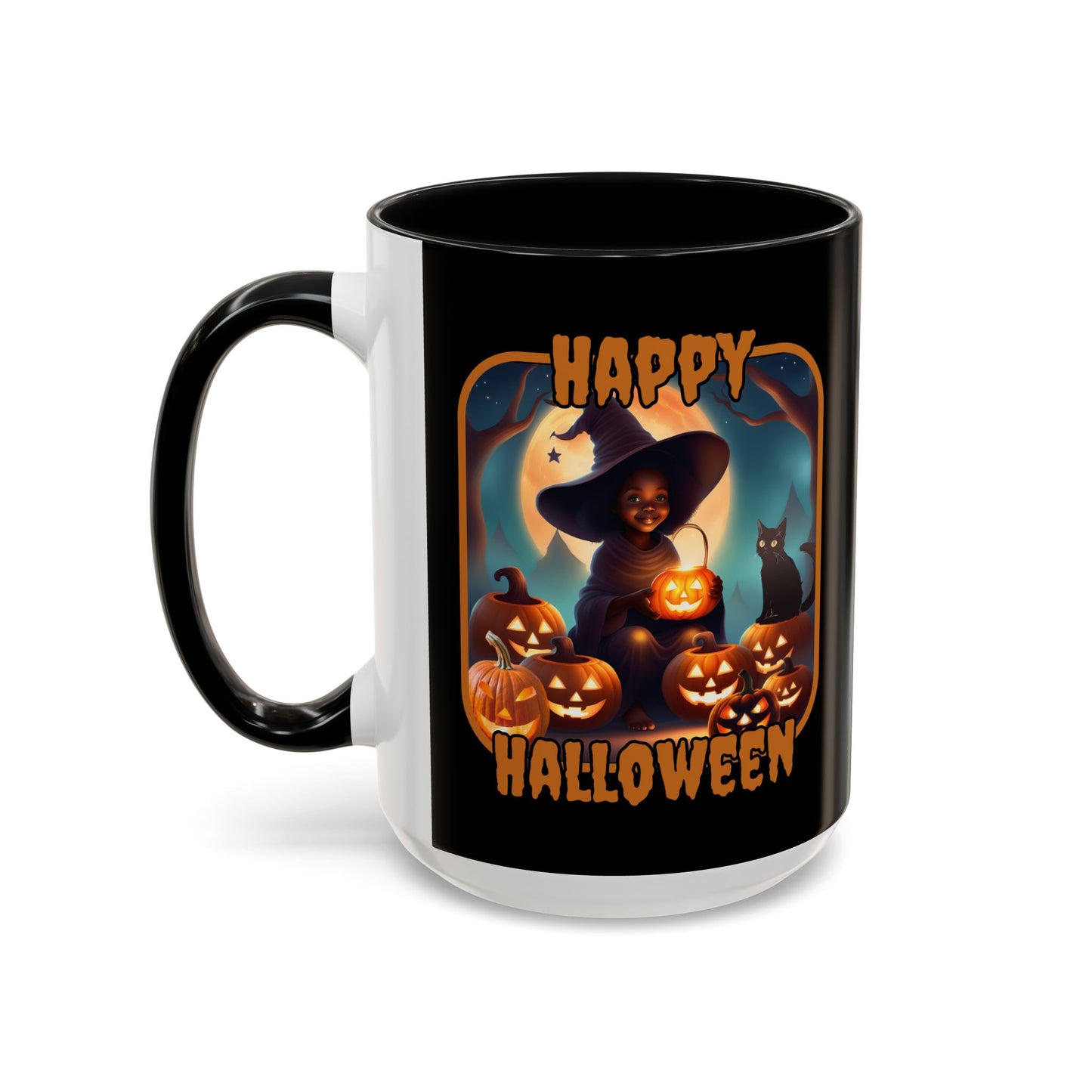 Happy Halloween Cute Witch Orange font Black Accent Mug by CreepyCrafts.boo