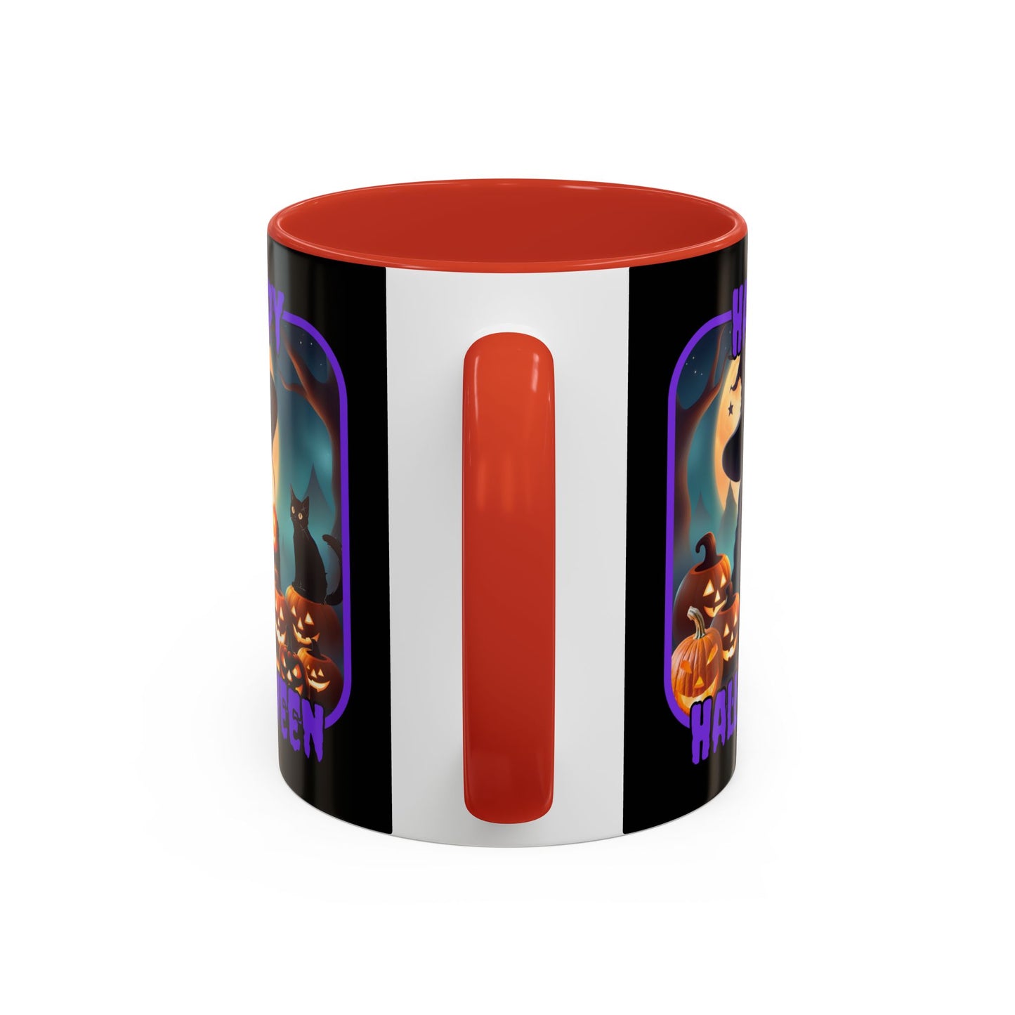 Happy Halloween Cute Witch Purple font Black Accent Mug by CreepyCrafts.boo