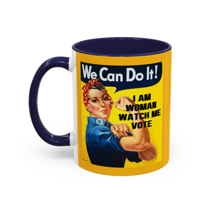 I Am Woman Watch Me Vote Rosie Yellow Accent Mug by cypherpunkgear.com