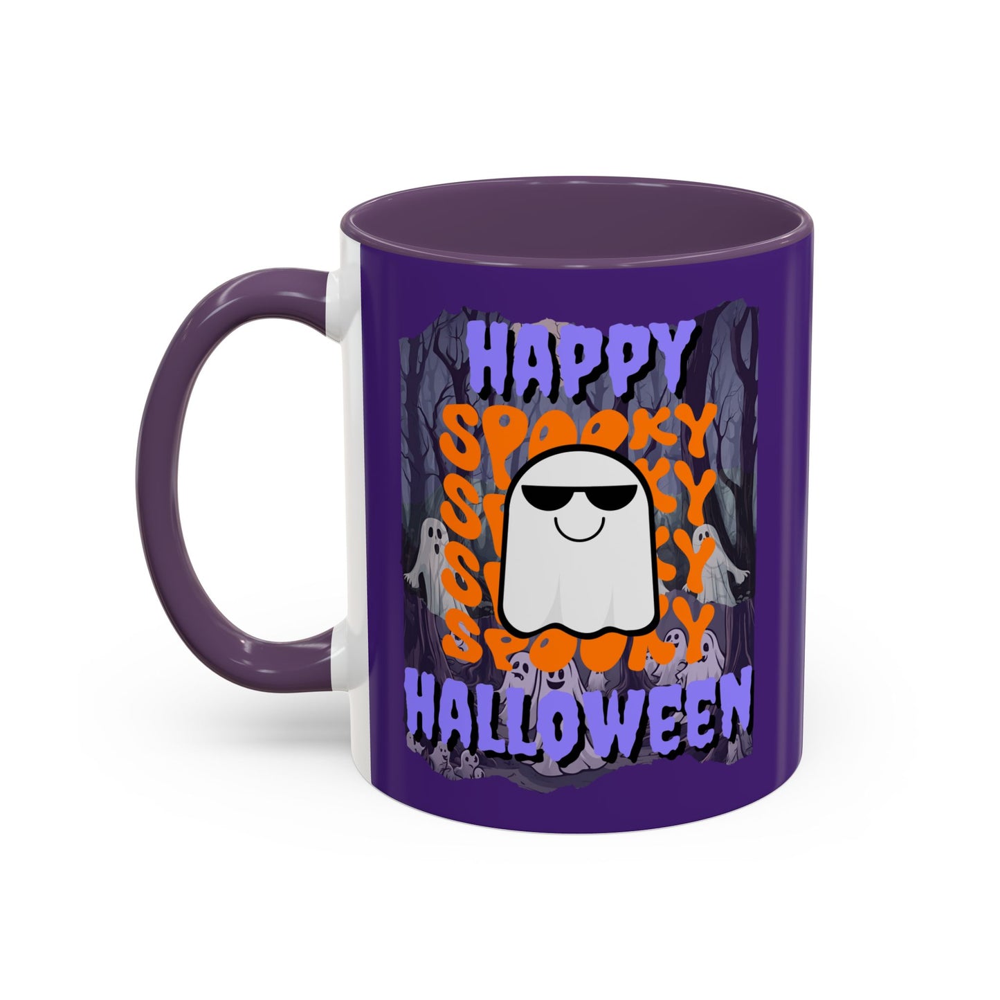 Spooky Happy Halloween Ghost Purple font Purple Accent Mug by CreepyCrafts.boo