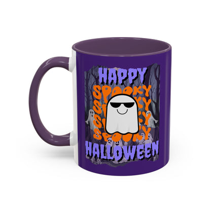 Spooky Happy Halloween Ghost Purple font Purple Accent Mug by CreepyCrafts.boo