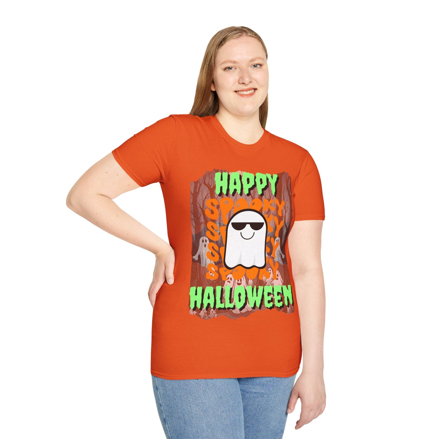 Spooky Happy Halloween Ghost Light colors Green font Unisex T-Shirt by CreepyCrafts.boo